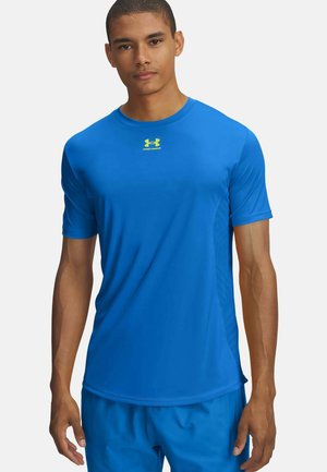Blue athletic shirt made of lightweight fabric, featuring short sleeves, round neckline, and yellow logo on the chest. Smooth texture.