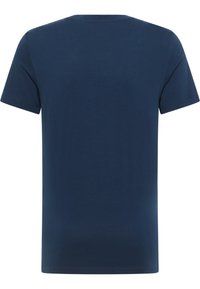 Granatowy bawełniany T-shirt z krótkim rękawem, okrągłym dekoltem i gładką, równą fakturą, o prostym, jednolitym wzorze.