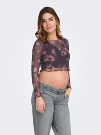 Doorschijnende top met lange mouwen en een paars bloemenpatroon, kort model en golvende zoom. Gecombineerd met lichtgrijze broek met elastische tailleband.