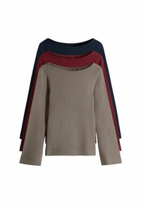 Sada troch dlhých rukávov v béžovej, bordovej a n�ámorníckej modrej. Okrúhly výstrih, ribbovaný povrch a jednofarebné. Vhodné na vrstvenie.