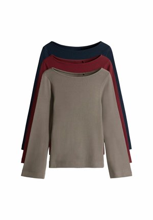 Set aus drei Langarmshirts in Beige, Burgunderrot und Marineblau. Rundhalsausschnitt, gerippte Textur und einfarbig. Geeignet zum Schichten.