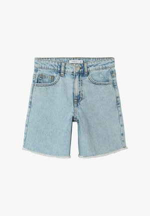 Svetlo modri jeans kratke hlače z neobdelanim robom, z gumbom za zapiranje, dvema sprednjima žepoma in rahlim zbledeljem za utrujen videz.