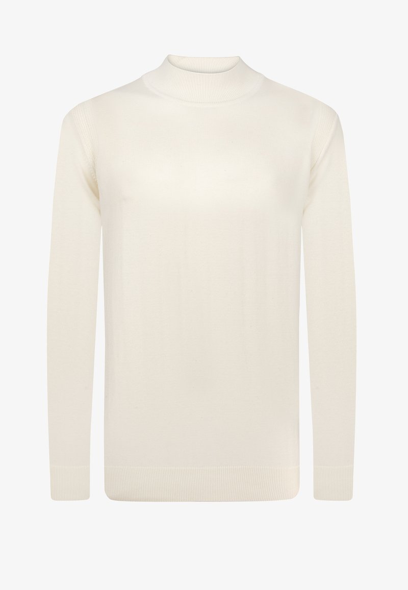 Pull col roulé en crème fait de tissu tricot doux. Il dispose de manches longues et de poignet et ourlet côtelés, avec une texture lisse et homogène.
