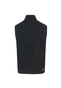 Gilet senza maniche nero, realizzato in tessuto liscio, con colletto alto e un piccolo logo sul lato destro in basso. Design semplice e classico.