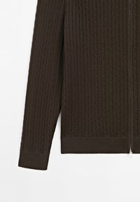 Donkerbruin kabelgebreide trui met lange mouwen en een zichtbare zilveren rits op een witte achtergrond.