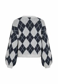 Pull court avec un motif argyle gris et bleu marine, en maille texturée, manches bouffantes, poignets et ourlet côtelés.