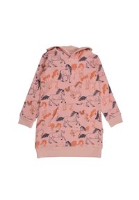 Rosa Hoodie-Kleid mit einer Fronttasche, das ein sich wiederholendes Pferdemuster in Schwarz und Orange aufweist. Weicher Stoff, lockere Passform, lange Ärmeln.