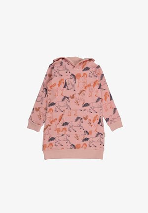 Rosa Hoodie-Kleid mit einer Fronttasche, das ein sich wiederholendes Pferdemuster in Schwarz und Orange aufweist. Weicher Stoff, lockere Passform, lange Ärmeln.