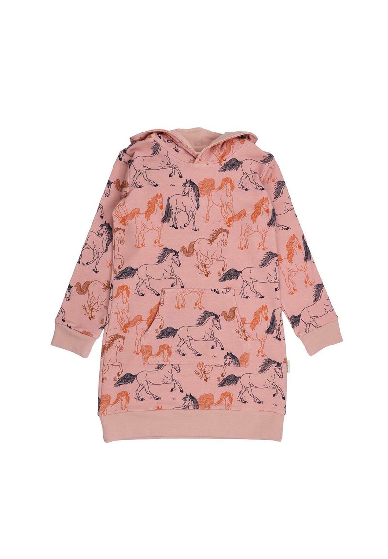 Rosa Hoodie-Kleid mit einer Fronttasche, das ein sich wiederholendes Pferdemuster in Schwarz und Orange aufweist. Weicher Stoff, lockere Passform, lange Ärmeln.