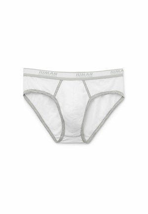 Bílé bavlněné slipy s šedým elastickým pasem a švy. Mají podpůrnou přední kapsu a klasický střih.
