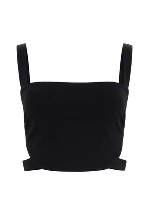 Schwarzes bauchfreies Oberteil mit breiten Trägern, glatter Textur und figurbetontem Schnitt. Verfügt über dezente seitliche Akzente zur Anpassung.