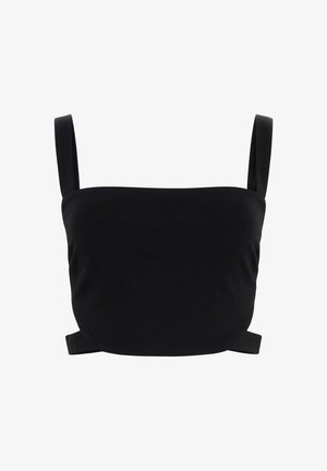 Schwarzes bauchfreies Oberteil mit breiten Trägern, glatter Textur und figurbetontem Schnitt. Verfügt über dezente seitliche Akzente zur Anpassung.