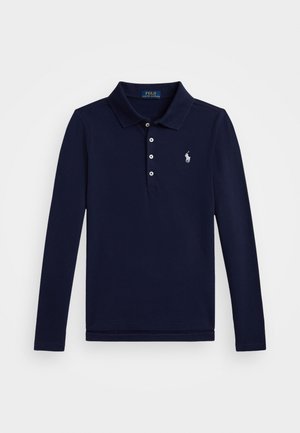Polo shirt à manches longues bleu marine en coton, avec un col, une patte de boutonnage à cinq boutons et un logo brodé sur la poitrine gauche.