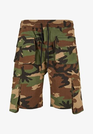 Roheline, pruun ja beež kamuflaažiga cargo lühikesed püksid. Omavad elastset vööd, millel on nöör, mitmeid küljetaskuid ja lõtv sobivus.