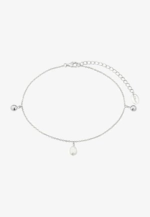 Bracciale in catena argentata con tre accenti sferici, inclusa una goccia centrale di perla bianca, dotato di chiusura a moschettone e estensione regolabile.