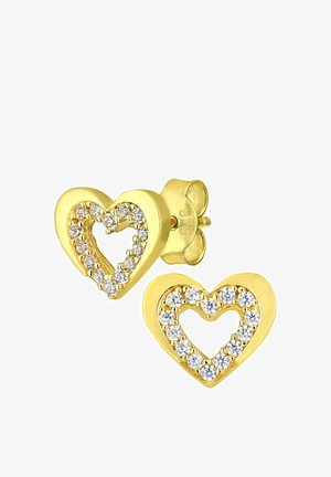 Złote kolczyki w kształcie serca z mniejszym sercem obrysowanym przez przejrzyste, okrągłe kamienie szlachetne na każdym kolczyku.