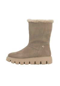Botas de ante beige hasta la mitad de la pantorrilla con un puño de piel sintética, punta redondeada y suela texturizada con profundas ranuras para ofrecer agarre.