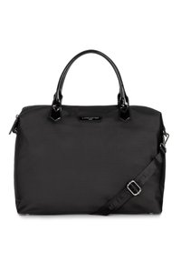 Borsa a mano in nylon nero dal design elegante, con manici in pelle lucida e tracolla rimovibile. Include un'emblema del marchio.