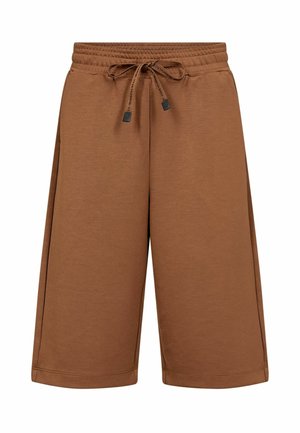 Shorts marron longueur genou avec taille élastique et cordon de serrage, style décontracté, sans motifs ou logos visibles.