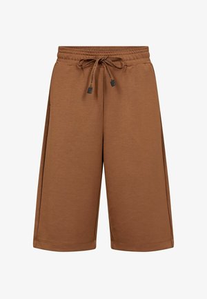 Shorts marron longueur genou avec taille élastique et cordon de serrage, style décontracté, sans motifs ou logos visibles.