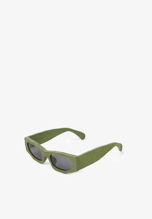 Green sunglasses with a textured matte finish, rectangular lenses, and wide temple arms. The lenses are dark gray.