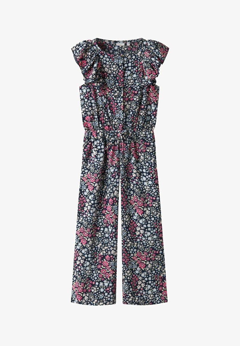 Blommig jumpsuit i marinblått med volangärmar. Har en figurnära midja, vida ben och ett livligt blommönster i pink och blått genom hela plagget.