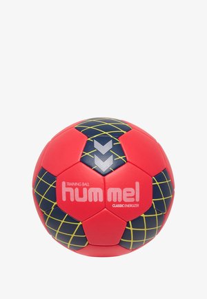 Czerwono-navy nieoporny piłka treningowa z teksturowaną powierzchnią, z żółtymi wzorami w kratkę i białym logo "hummel", o okrągłym kształcie.
