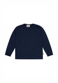 Camicia a maniche lunghe di colore navy realizzata in cotone. Presenta un colletto tondo e un orlo dritto, con un piccolo etichetta sul lato sinistro in basso.