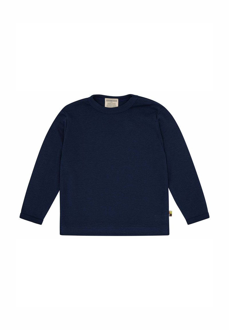 Camicia a maniche lunghe di colore navy realizzata in cotone. Presenta un colletto tondo e un orlo dritto, con un piccolo etichetta sul lato sinistro in basso.