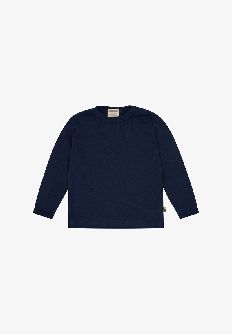 Camicia a maniche lunghe di colore navy realizzata in cotone. Presenta un colletto tondo e un orlo dritto, con un piccolo etichetta sul lato sinistro in basso.