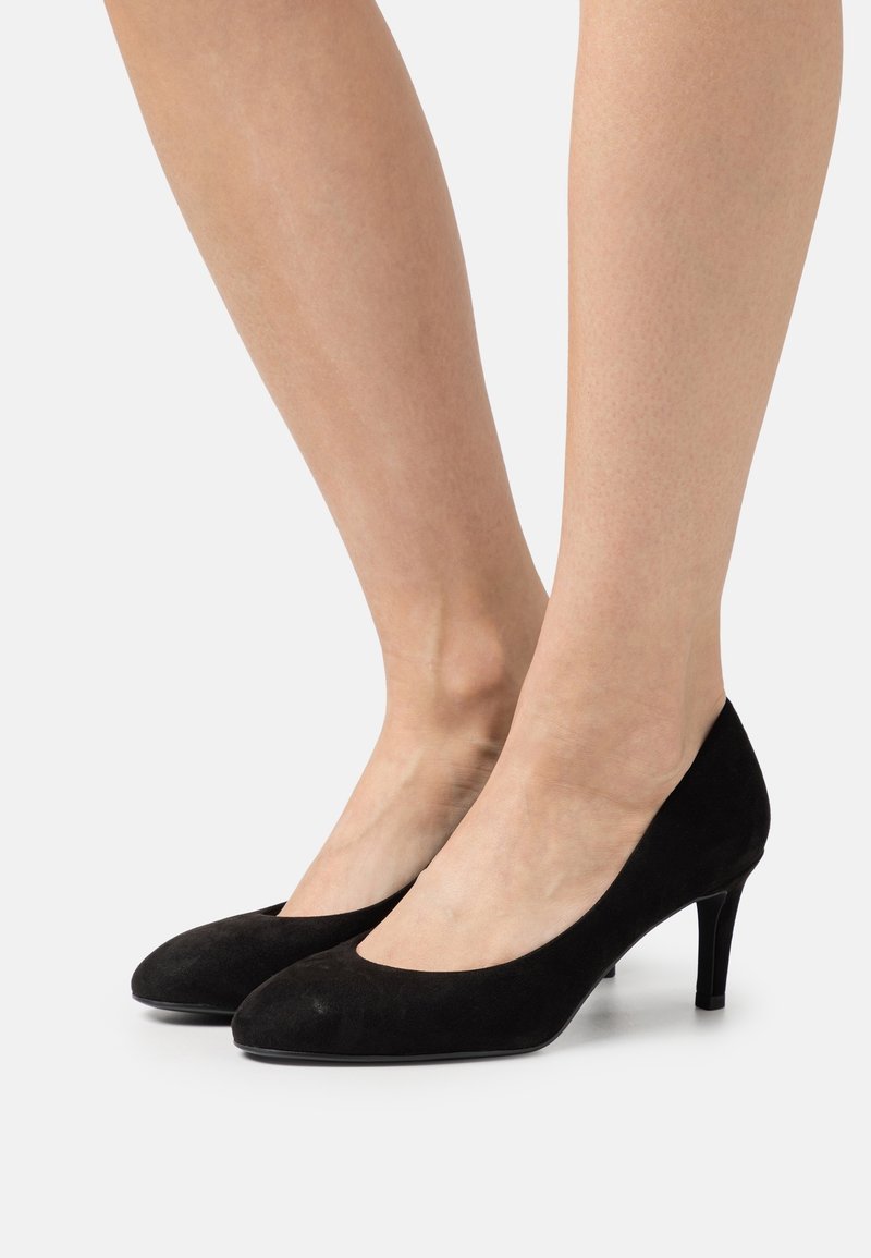 Jambes portant des escarpins classiques en daim noir à talon moyen avec un bout arrondi sur fond blanc.