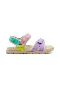 Sandalias infantiles coloridas con correas ajustables de Velcro en verde, rosa, amarillo y morado. Presentan una suela de goma beige y un tejido texturizado.
