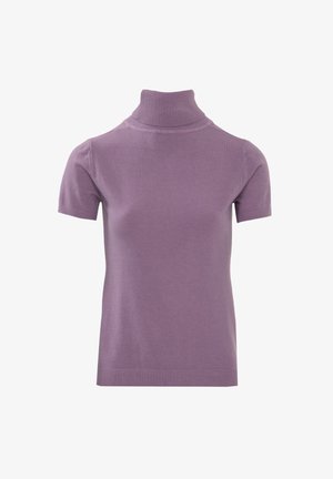 Maglione a manica corta con collo a dolcevita in morbido materiale knit lavanda. Presenta un colletto e un orlo a coste con una silhouette aderente.