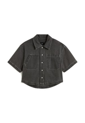 Short-sleeve, gray denim shirt with a button-up front, two chest pockets, and contrasting white stitching, featuring a curved hemline.