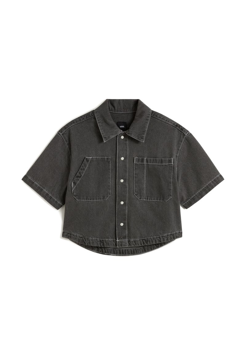 Kurzarmhemd aus grauem Denim mit Knopfleiste, zwei Brusttaschen und kontrastierendem weißen Stich, mit abgerundeten Säumen.