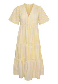 Żółto-biały w paski midi sukienka z krótkimi rękawami, dekoltem w kształcie litery V, zebranymi warstwami i luźnym krojem. Wykonana z lekkiego materiału.