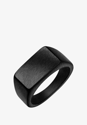Sort metalring med et rektangulært topstykke, der har en børstet overflade og glatte, afrundede kanter. Enkel og moderne design.