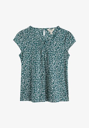 Petrolkleurige blouse met korte mouwen en wit bloemrankenpatroon, ronde halslijn met kleine keyhole knoopsluiting.