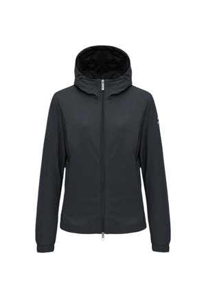 Zwarte capuchonjas met ritssluiting aan de voorkant, lange mouwen, elastische manchetten en een subtiel logo op de linkerarm, weergegeven op een witte achtergrond.