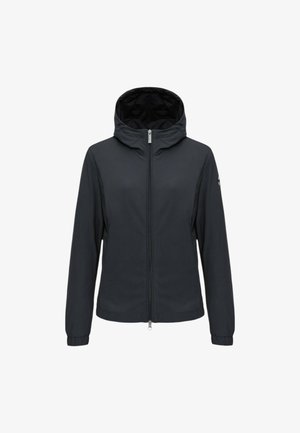 Sort hættejakke med frontlynlås, lange ærmer, elastiske manchetter og diskret logo på venstre arm, vist på hvid baggrund.