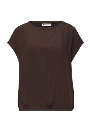 Krótka bluzka o ciemnobrązowym kolorze, z okrągłym dekoltem, luźnym krojem i elastycznym dołem, idealna na co dzień.