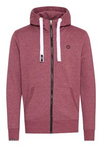 Rood heide zip-up hoodie met witte trekkoorden, zwarte rits en frontzakken. Heeft een klein logo op de linkerkant van de borst.