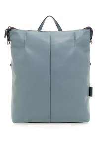 Borsa in pelle di colore azzurro chiaro, a forma quadrata, con manico superiore e chiusura a zip. Presenta una texture sottile e un piccolo etichetta logo sul lato.