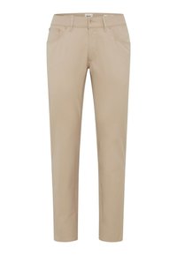 Beige op maat gemaakte broek van glanzende stof met vijf zakken, een ritsopening en een slim fit ontwerp. Met een klassieke tailleband.