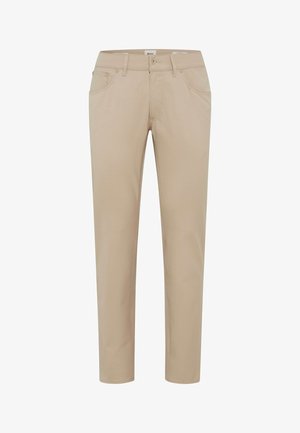 Beige maßgeschneiderte Hose aus glattem Stoff mit fünf Taschen, einem Reißverschluss und slim fit Design. Mit einem klassischen Bund ausgestattet.