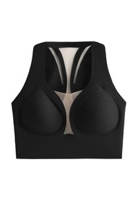 Musta urheiluliivit muotoilluilla kupeilla, läpikuultavalla keskiosalla ja tyylikkäällä, racerback-tyylisellä leikkauksella. Sileä pinta ja minimalistinen muotoilu.