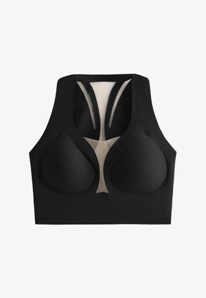 Čierna športová podprsenka s tvarovanými košíčkami, priesvitnou stredovou vložkou a elegantným dizajnom s ramenami v štýle závodnej myši. Hladká textúra a minimalistický štýl.
