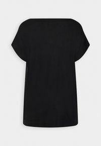 Blouse noire à manches courtes, coupe ample avec un large décolleté et un ourlet droit sur un fond uni.