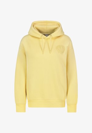 Yellow hoodie made of fabric with a soft texture, featuring a front pocket, drawstrings, and a subtle graphic on the chest.