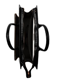 Sac à main en simili-crocodile noir avec des zips dorés, s'ouvrant pour révéler deux compartiments et des poignées de chaque côté pour le transport.